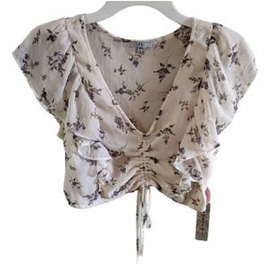 NWT IRIS Cream and Floral Cottagecore Sheer Ruffle Sleeve Crop Top Women Size L